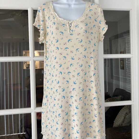 Earth Angels 80% Cotton Stars And Moons Ribbed Cream Nightgown Size medium - Picture 2 of 8